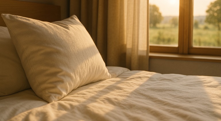 Inbjudande bild på en kudde på ett hotellrum. Bilden AI genererad