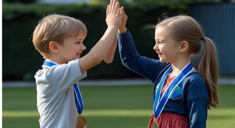 Två barn gör hi five