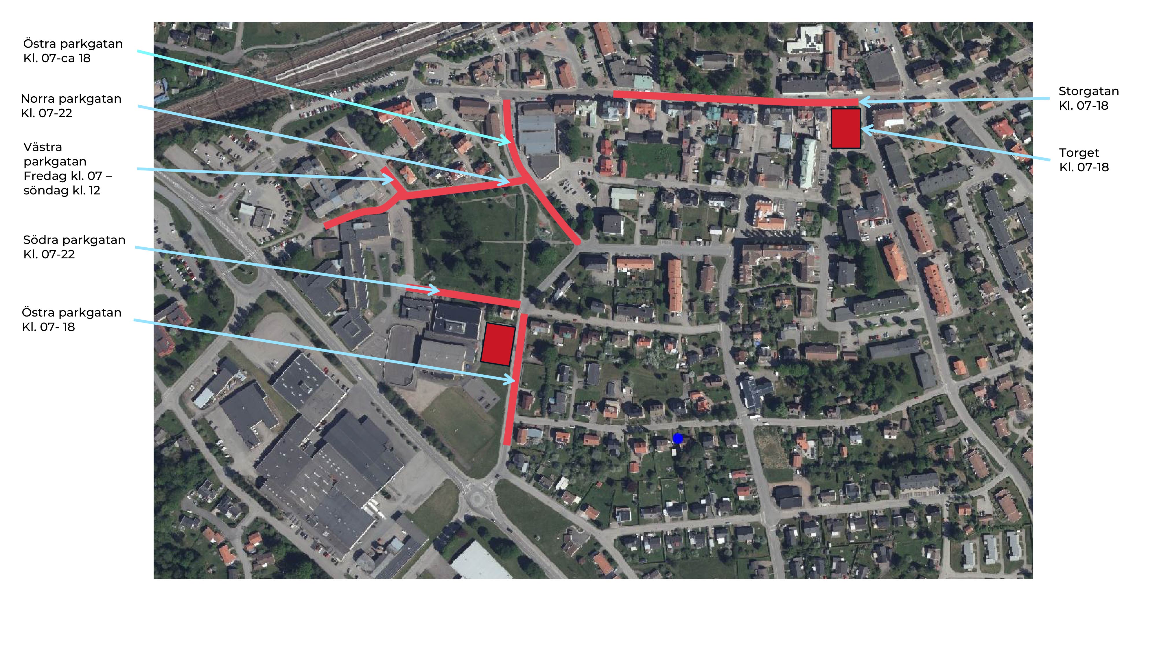 Flygbild över Herrljungas gator med röda linjer som markerar avstängda områden under festivalen.